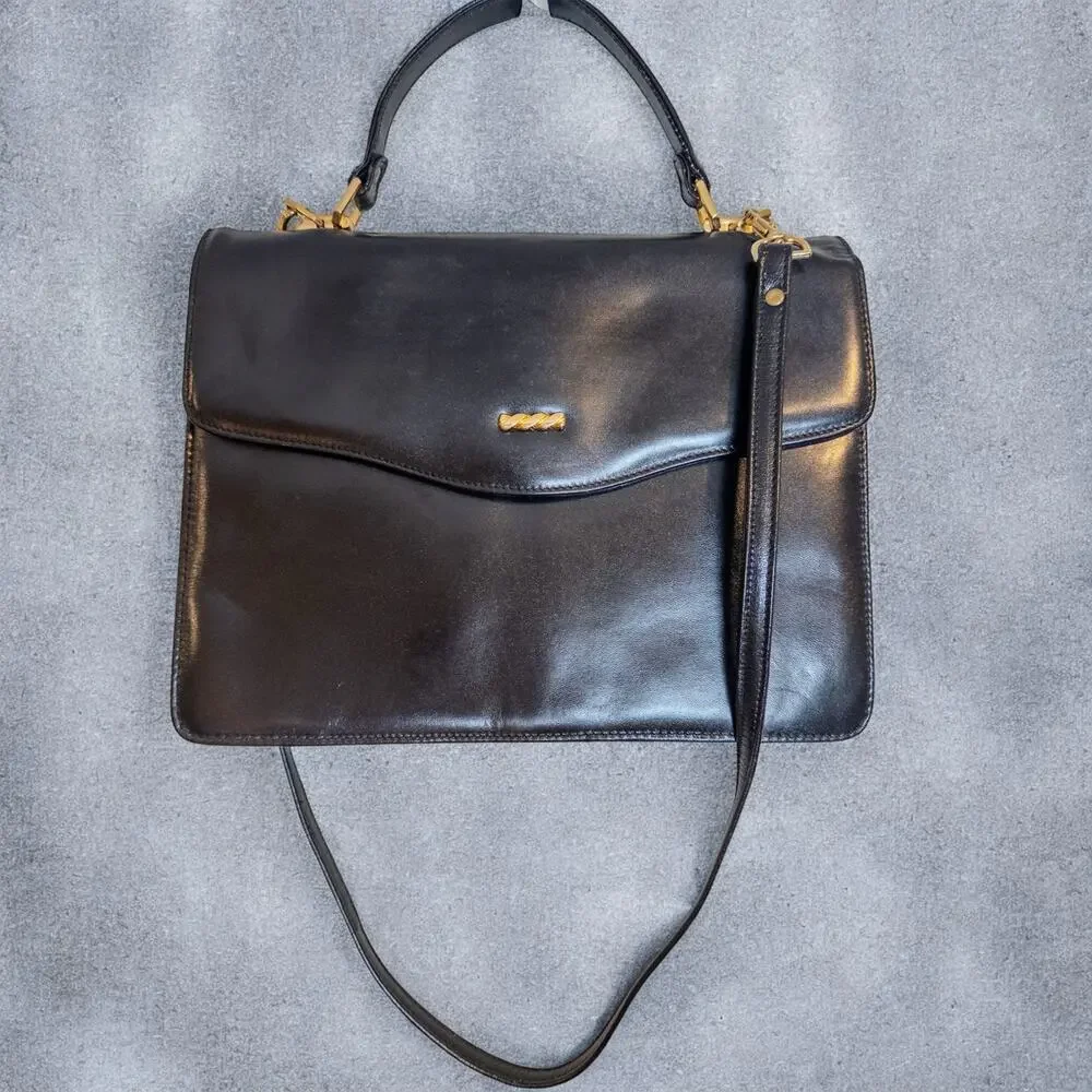 Vintage 1980s 1990s Algo Italiano Black Leather Top Handle Shoulder Bag
